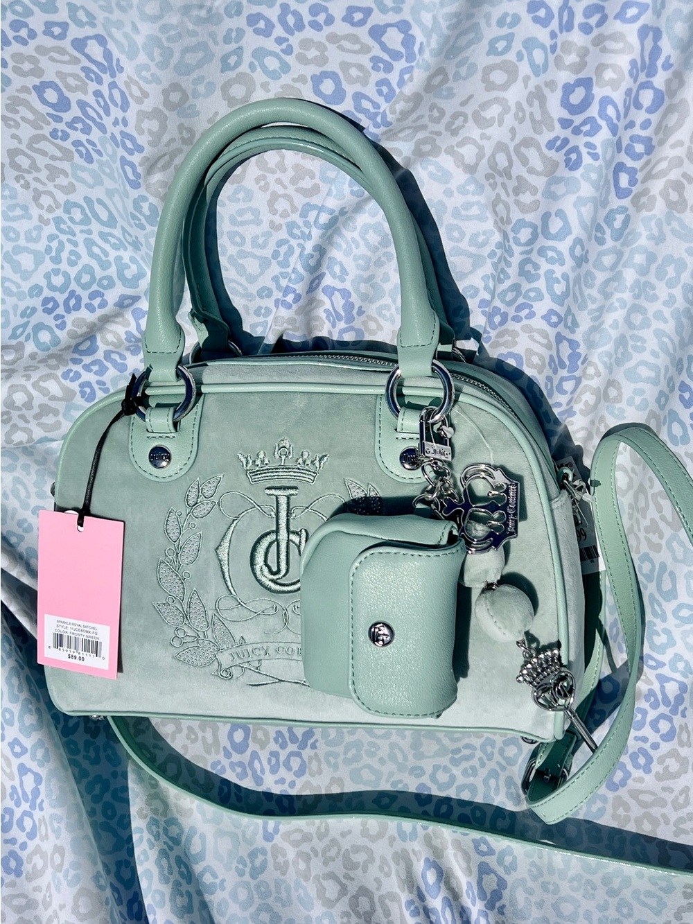 New Frosty Green Juicy Couture Purse Bowler Satchel Bag + Charm + Wallet Velour